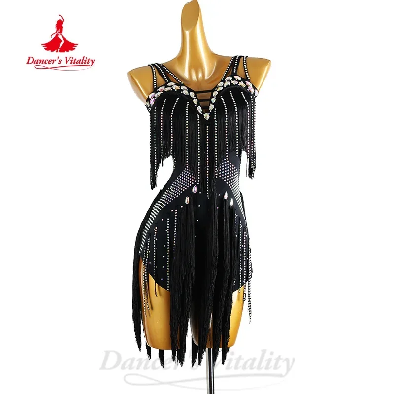 Latin Dance Competition Clothing Customized Luxury Diamond Tassel Dress Adult Children Tango Samba Rumba Performance Costume