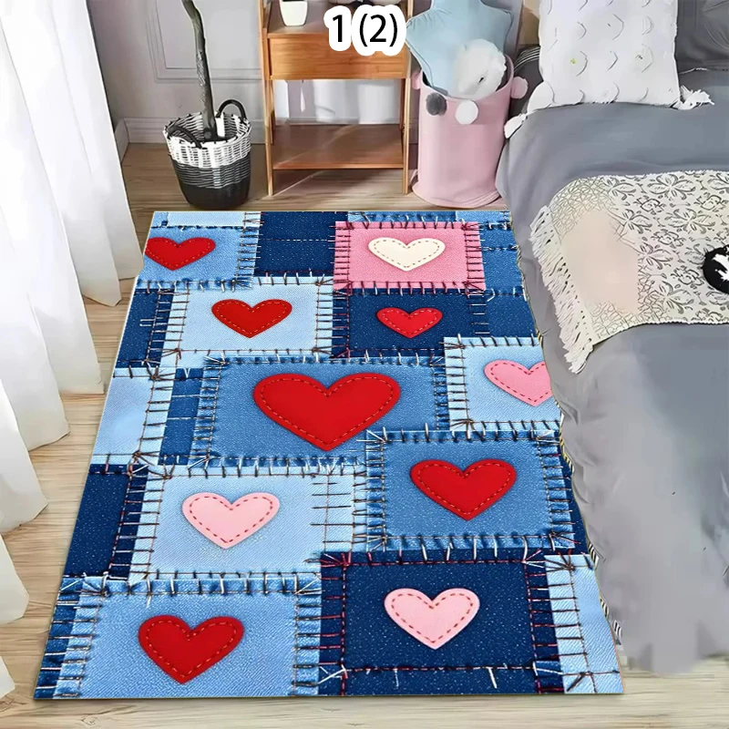 Denim Patchwork Style Carpet Love Heart Design Pattern Area Rug Soft Non-Slip Floor Mat Modern Home Decor for Living Room