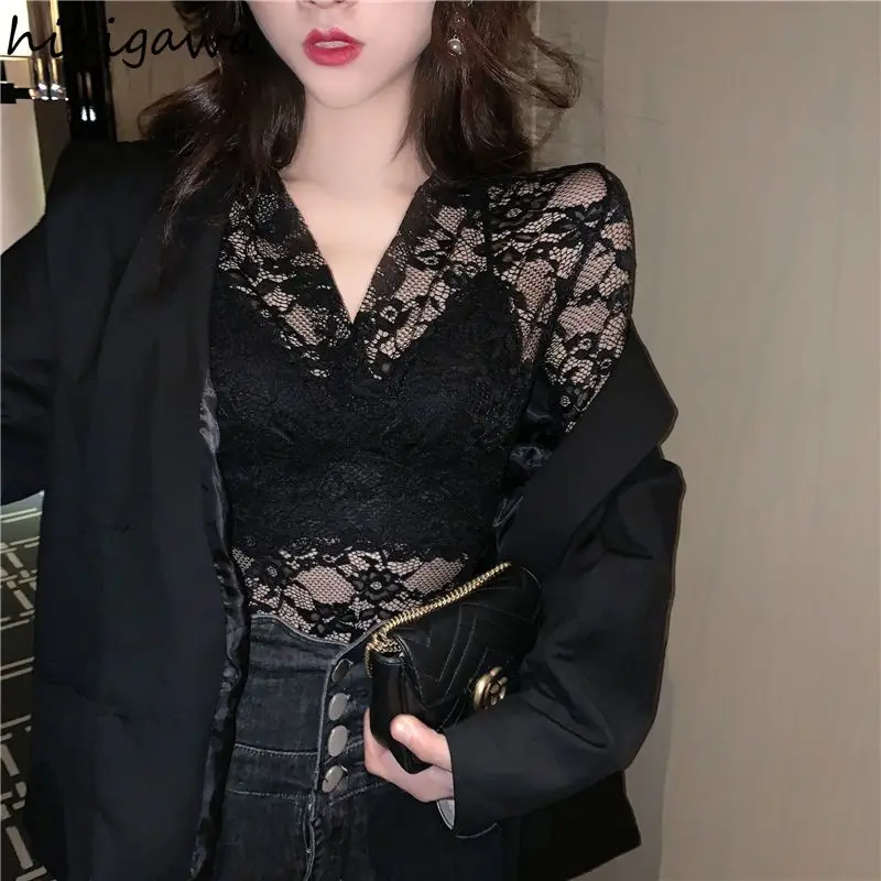 Sexy Gauze Blouse Women Clothing 2023 Blusas Muuer De Moda Long Sleeve Tunic Lace Hollow Out Crop Tops See Throught Y2k Shirts