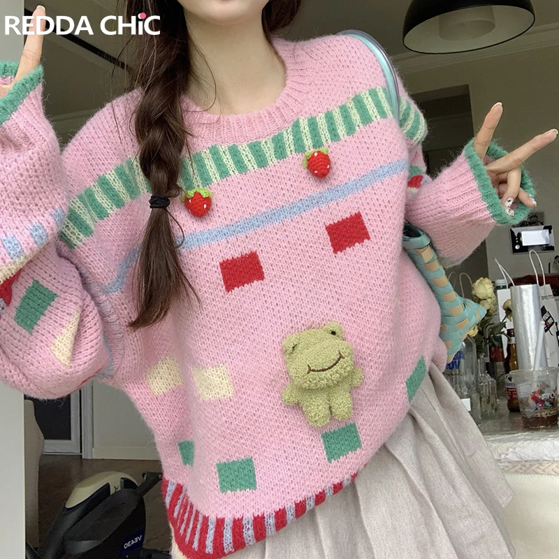 REDDACHiC Pink Y2k Animal Knitted Jumper Top for Women Crew Neck Long Sleeves Frog Crochet Sweater Kawaii Loose Casual Slipover