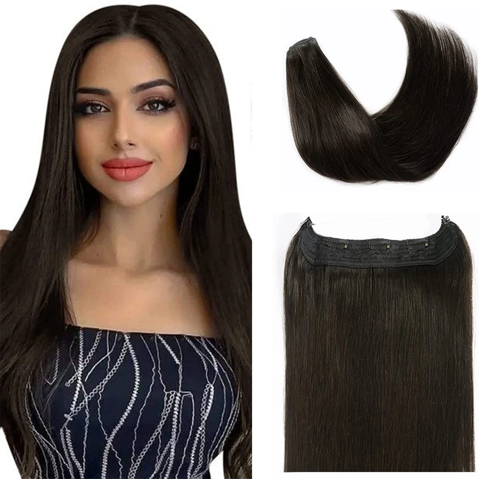 Hair Extensions Real Human Hair Straight Fish Line Hair Extensions Natural Black Wire Hair Weft With 3 Clips Remy Natural Hair