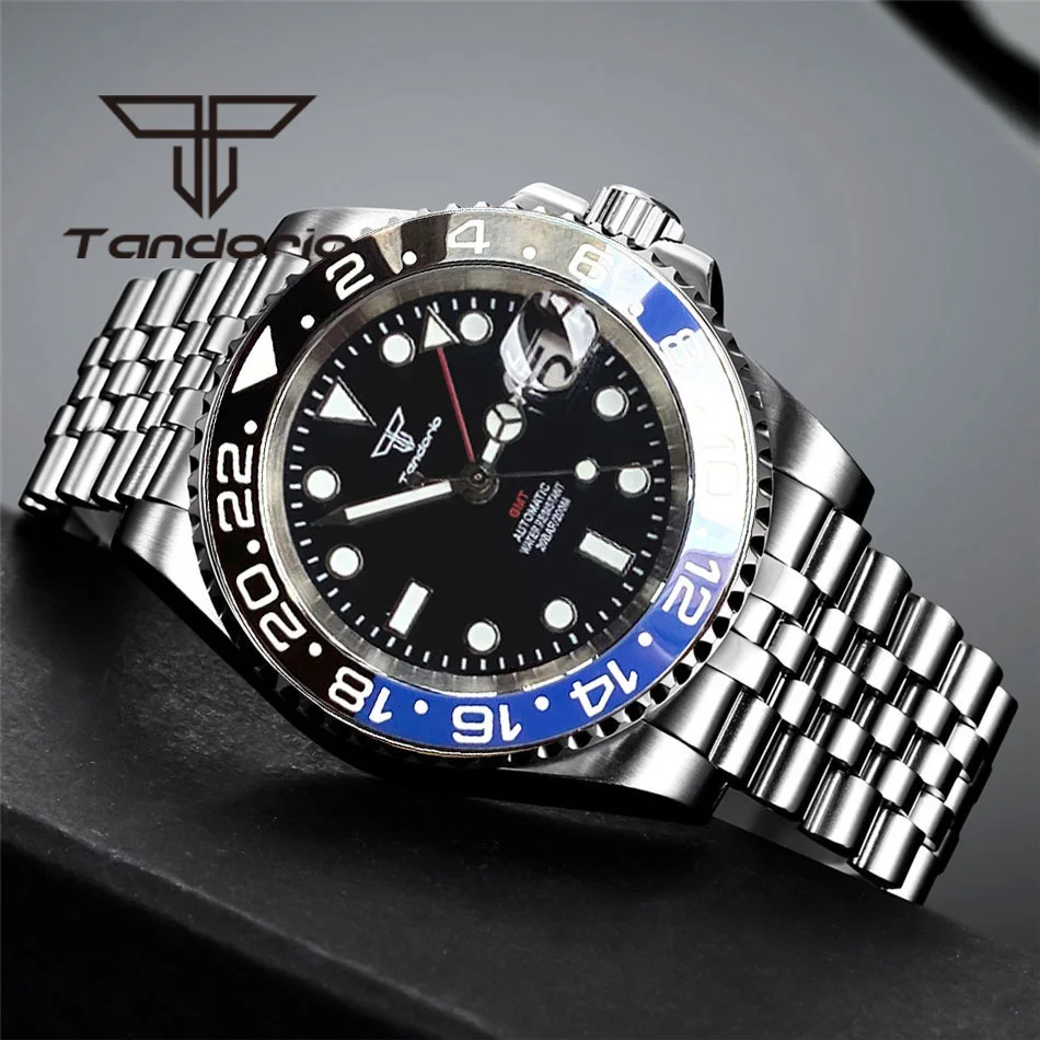 Tandorio-Reloj de pulsera automático NH34A GMT para hombre, resistente al agua, 200m, bisel giratorio de 120 clics, cristal de zafiro, corona de