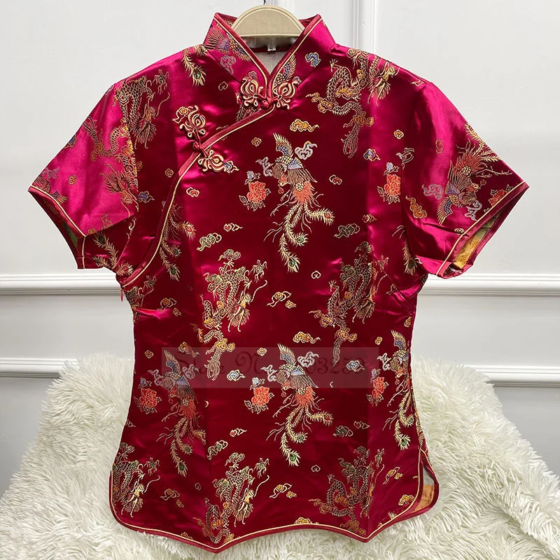 PLUS SIZE Chinese National Women Blouse New Summer Short Sleeve Shirt Tops Traditional Dragon Phoenix Mandarin Collar Clothing