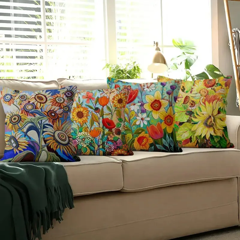 VIKAMA Bohemian Floral Cushion Cover Oil Painting Style Sunflower And Poppy Print Living Room Sofa Cushion Cover Home Decor