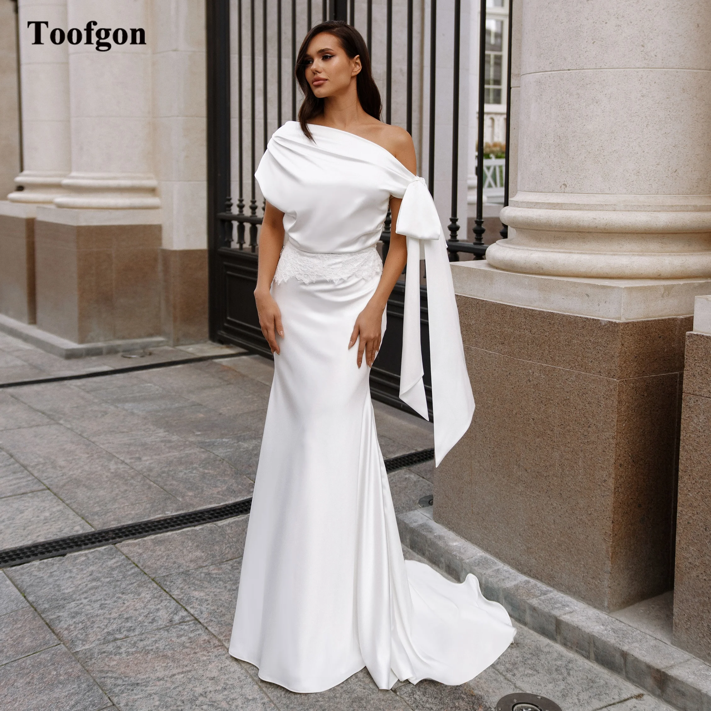 Toofan Elegant Mermaid ซาตินชุดเจ้าสาวหนึ่งไหล่ลูกไม้เอวที่กําหนดเองชุดเจ้าสาวอย่างเป็นทางการโอกาส Party Dress