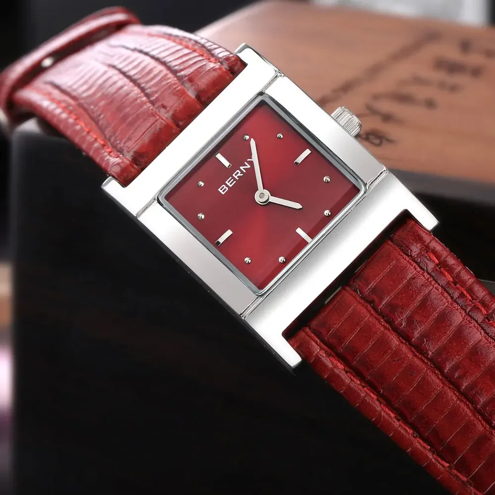 BERNY Quartz Watch for Women Japan Movement Waterproof Stainless Steel Case Back Cover Soft Leather Bracelet Business Wristwatch