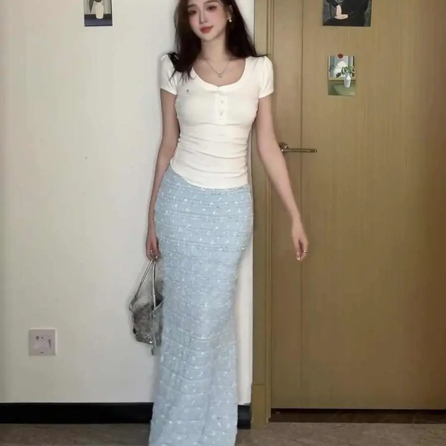 

Женская юбка миди А-силуэта с высокой талией, новинка 2025 года, с цветочным декором, удлиненная, утягивающая, в корейском стиле, для повседневной носки