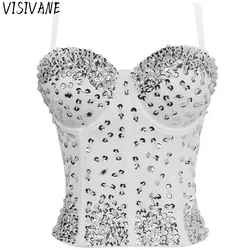 Visivane Sexy Punk Sequin Tank Top Women Short Corset Stage Party Shaper Ladies Crop Tops Blusas Camis Bras Shirt Woman Clothes