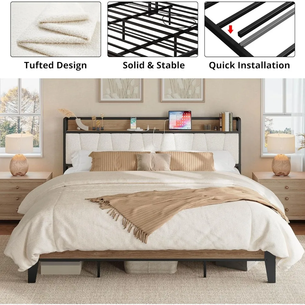 إطار سرير LIKIMIO بحجم كينج مع لوح رأسي للتخزين، شحن USB، قوي وصامت، لا يتطلب صندوق زنبركي، تجميع بسيط