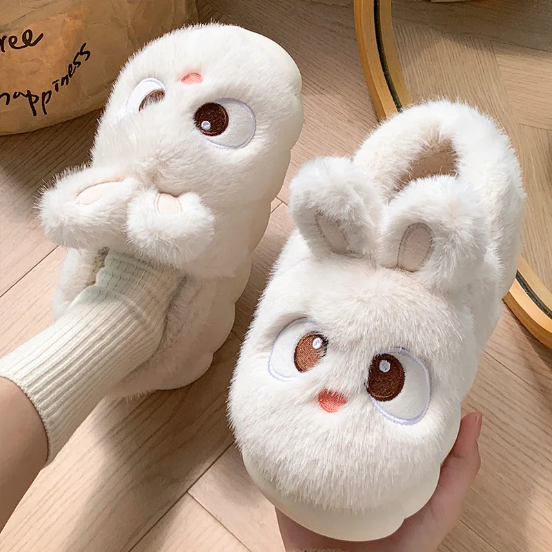 New Women's Fluffy Cartoon Rabbit Cotton Slippers for Winter Indoor Bedroom Slides Kawaii Bunny Ear House Memory Foam Slippers
