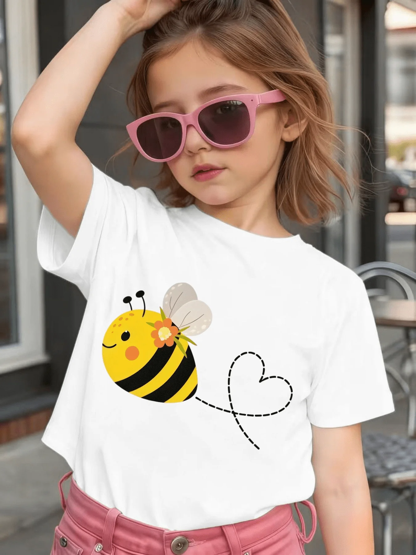 Cartoon Bee Heart Floral Print Kids T Shirt Boys Girls Family Match Cotton Short Sleeve Summer Children Casual Basic Wear
