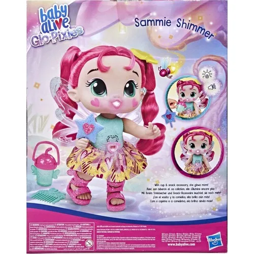 Baby Alive Glo Pixies is full of magic glitter fun! Pretend to feed Siena Sparkle doll to discover her colorful glow.