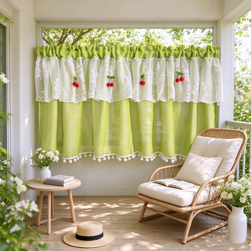 1pc Cottagecore Linen Feel Short Window Curtain, Mirror Floral Embroidered Lace Header, 3D Cherry & Pom Pom Trim