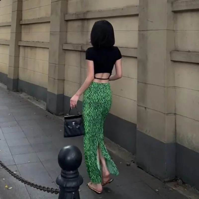 

Длинная юбка с цветочным принтом и ромбовидной сеткой, винтажные прямые юбки миди с низкой посадкой для женщин, осенние базовые универсальные юбки, женские A695