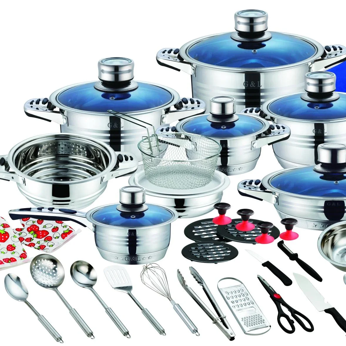 Gran oferta, utensilios de cocina alemanes de 52 Uds., utensilios de cocina de inducción de acero inoxidable, olla de cocina con termómetro, tapa de vidrio azul