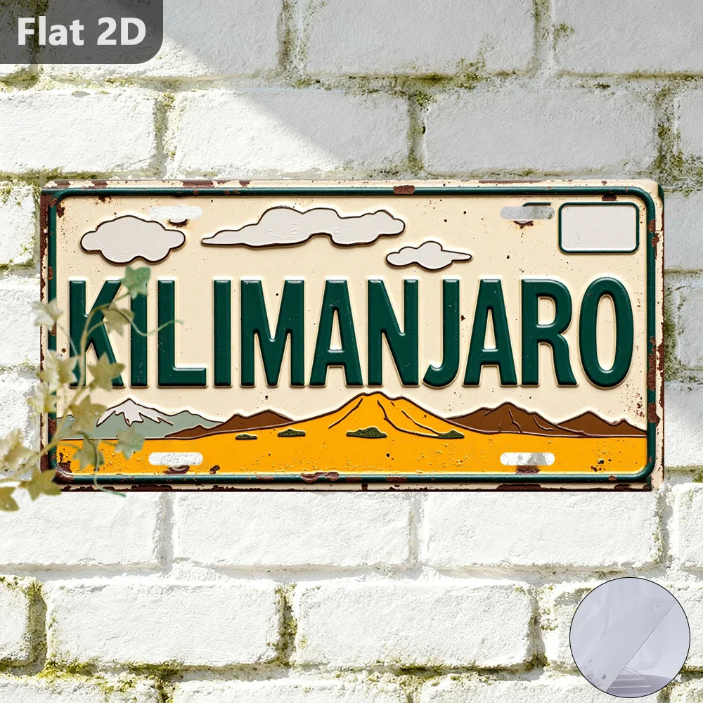 Letrero de pared de metal vintage con diseño de montaña Kilimanjaro, plano en 2D, 1 unidad - Placa retro con topografía de África, decoración irregular con el hito de Tanzania