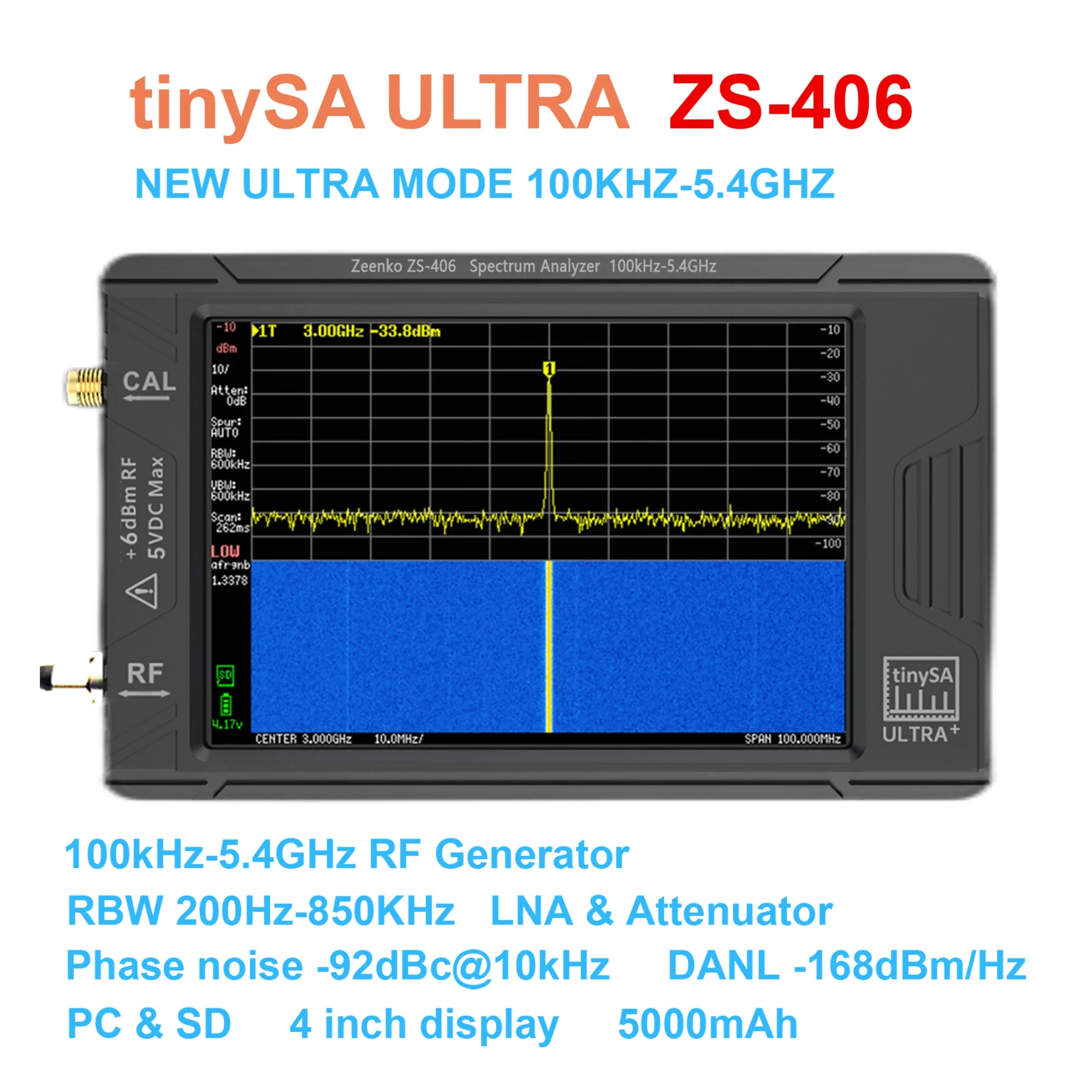 TinySA 울트라 플러스 ZS-406 소형 스펙트럼 분석기, 3.95 인치 터치 스크린, 배터리 내장, 최신 오리지널
