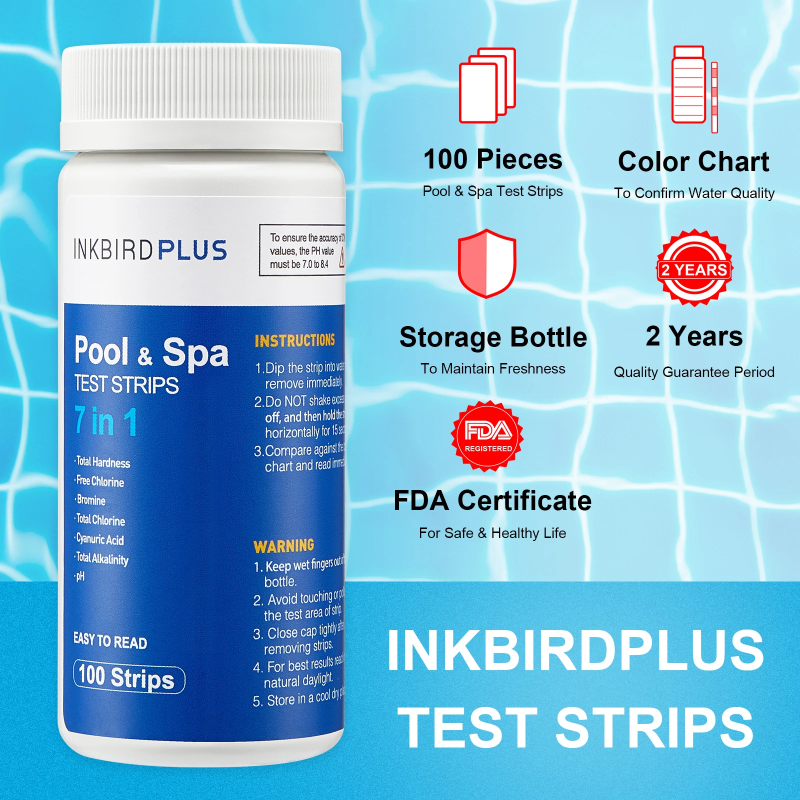ورق اختبار جودة المياه INKBIRDPLUS ، شرائط اختبار حمام السباحة ، الكلور الصلادة ، البرومين ، الرقم الهيدروجيني ، القلوية ، حمض السيانوري ، 7 في 1 ،