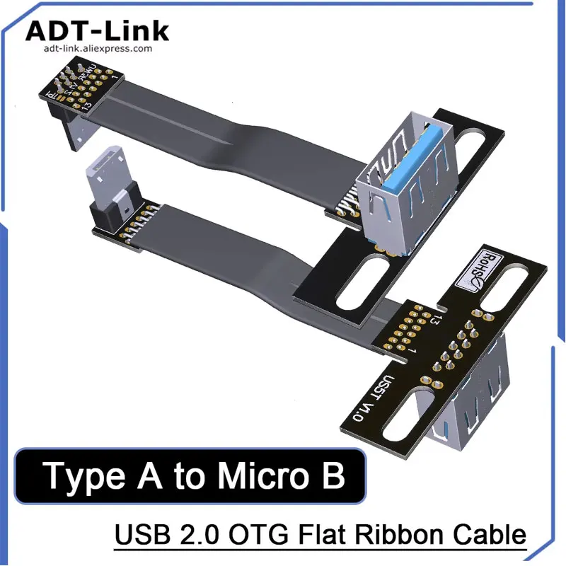 ADT-Link USB 2.0 OTG Type A إلى Micro B ذكر إلى أنثى كابل شريط مسطح مزدوج 90 ° محول تمديد الانحناء خط موصل 480 متر/بي بي إس