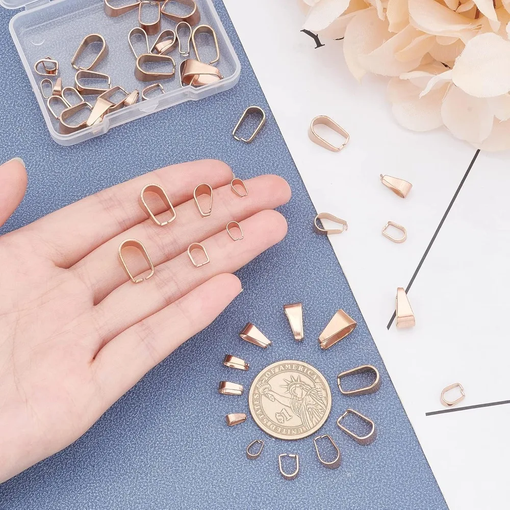 40pcs 5 Sizes Rose Gold Pendant Snap On Bails Pinch Bails Clasp Stainless Steel Pendant Connector Finding making kit