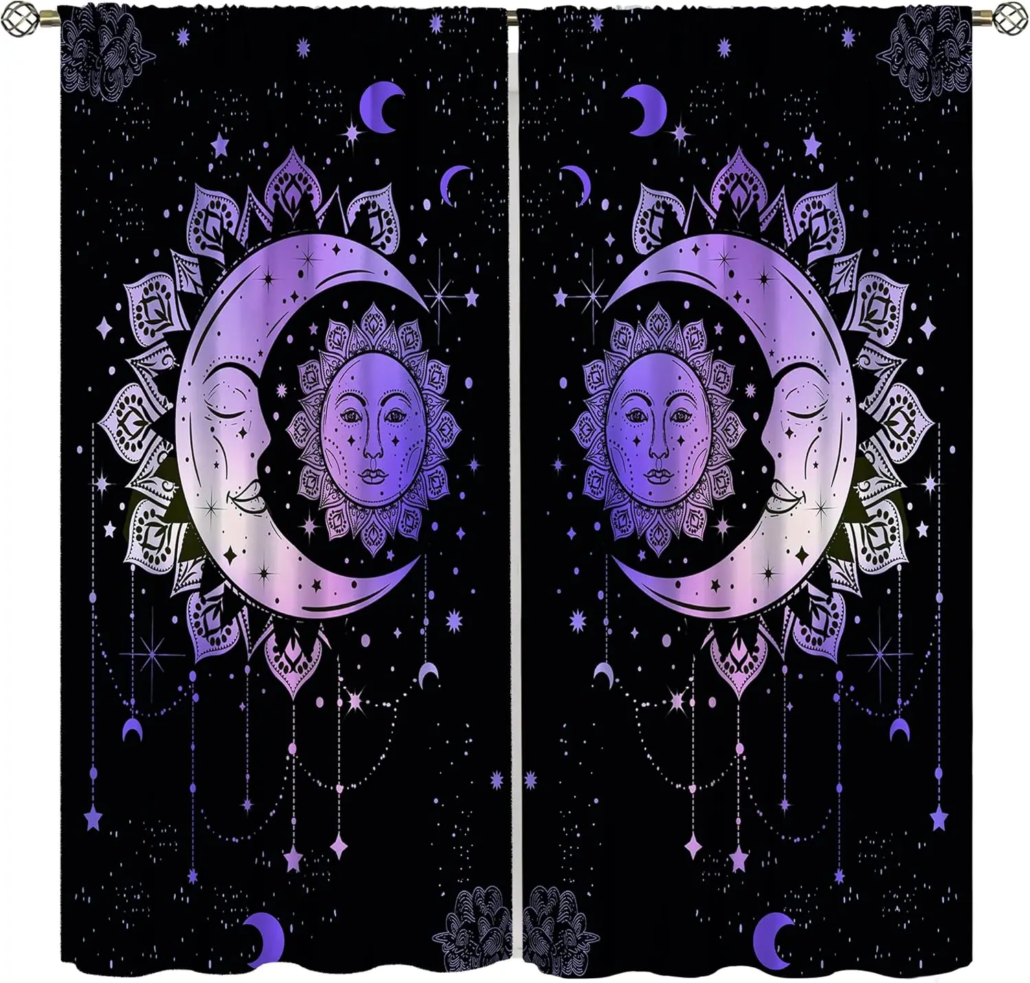 Purple Sun and Moon Curtain, Cartoon Fairy Tale Mystery Meteor Cosmic Flower Cloud Decor Window Treatments, Thermally Insulated