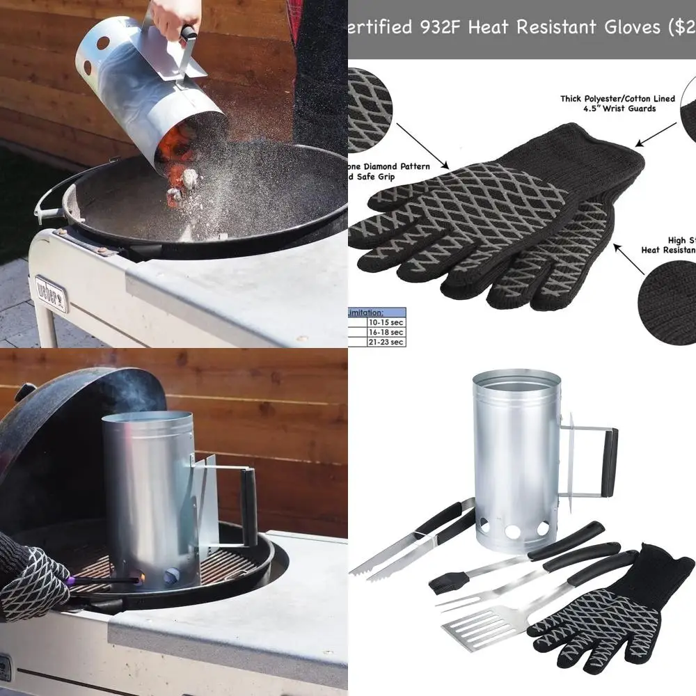 

6-Piece Steel Charcoal Grill Set: Spatula, Brush, Fork, Tongs, and Heat-Resistant Gloves