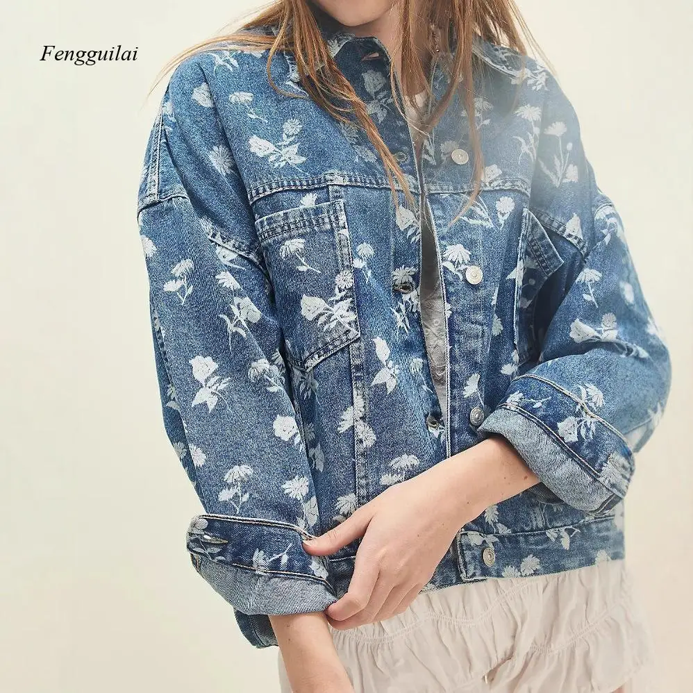 Women's Loose-Fit Floral Denim Jacket All-Over White Floral Print, Washed Denim, Ideal for Spring, Summer & Fall Fashion