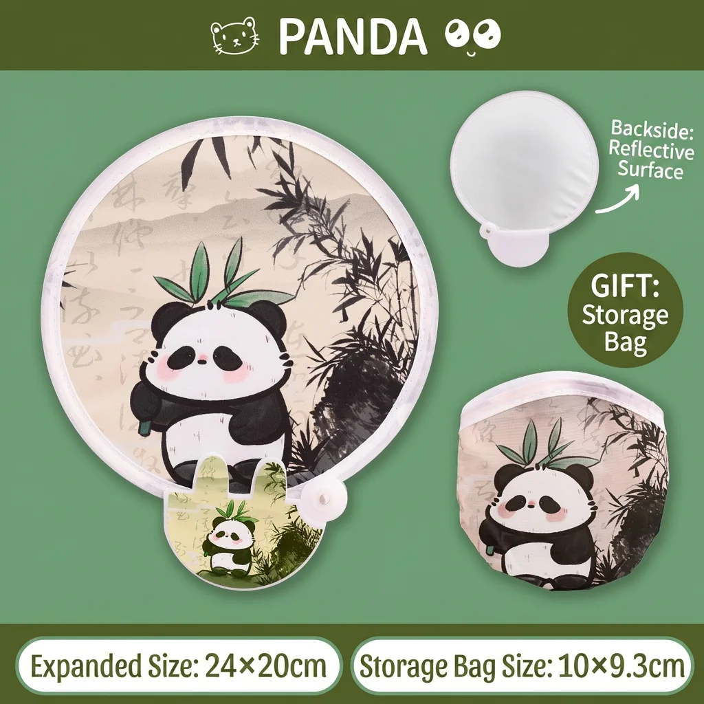 Handventilator mit Klappgriff, Kühlwerkzeug für draußen, niedlicher Panda-Katzen-Print, Kawaii-Kreisventilator für Frauen und Mädchen, Reise-Accessoire für den Alltag
