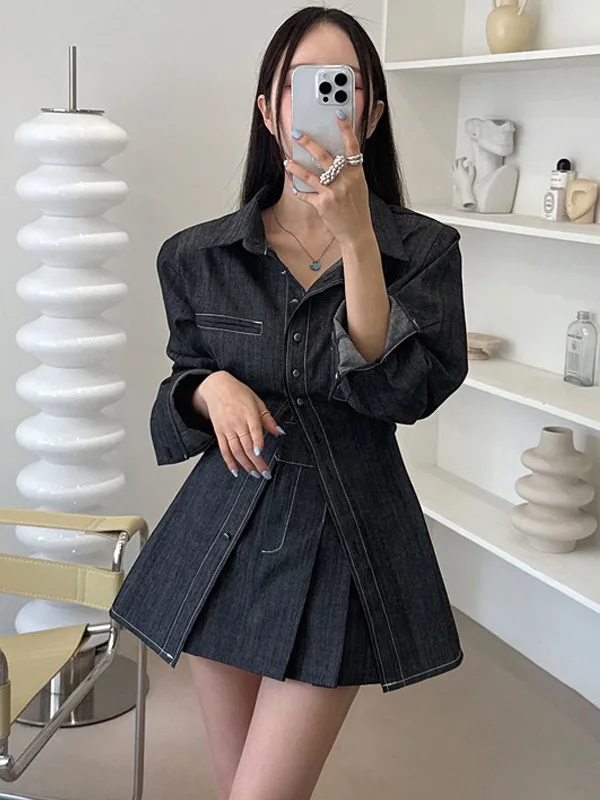 Culotte Dress Shirt Style Pleated Short Skirt Two Piece Set Korean Style Women's Spring Summer Autumn Winter Fashion Dress