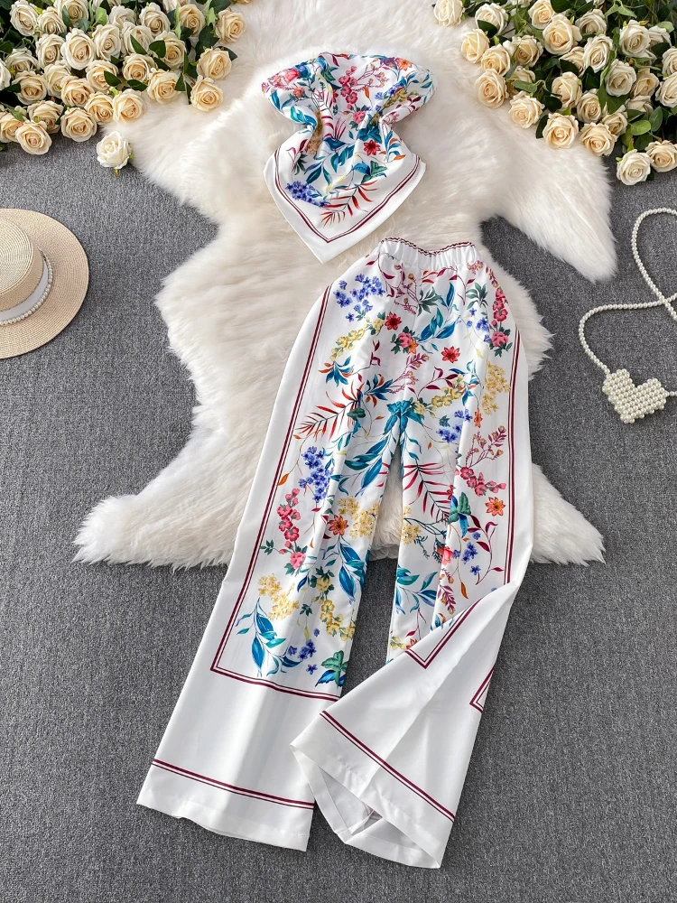 

New Chinese style retro printed off shoulder irregular slim fit strapless vest high waist wide leg pants two-piece set