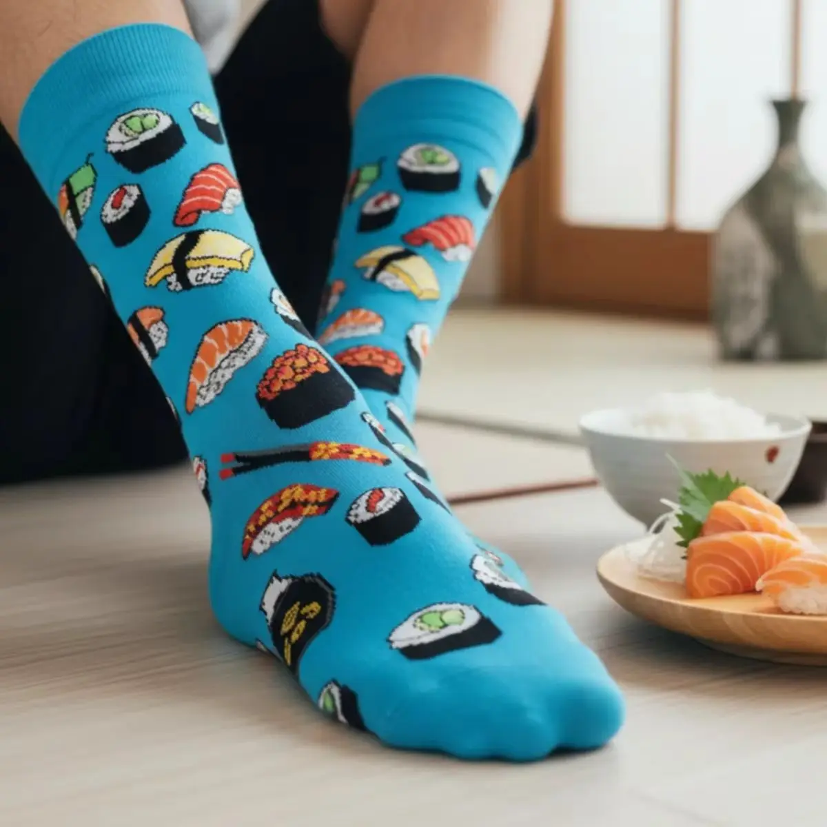 1 Pair Crew Socks With Japanese Cuisine Sushi Food Print In Blue, Comfortable Breathable Moisture-Wicking, Interesting Novelty