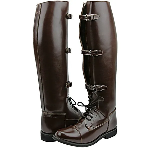 British Man Three Buckle Strap Lace- up Flat Knee Boots Hombre Zapatos Riding Boots Brown Vintage Leather Motorcycle Boots