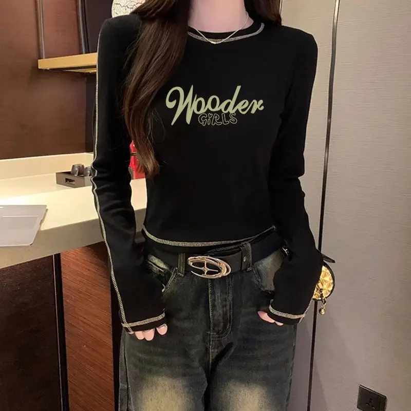 Spring Autumn Letter Geometry Printing Long Sleeve Pullover Women's Spring Autumn T-shirt Round Neck Streetwear All-match Tops image 2