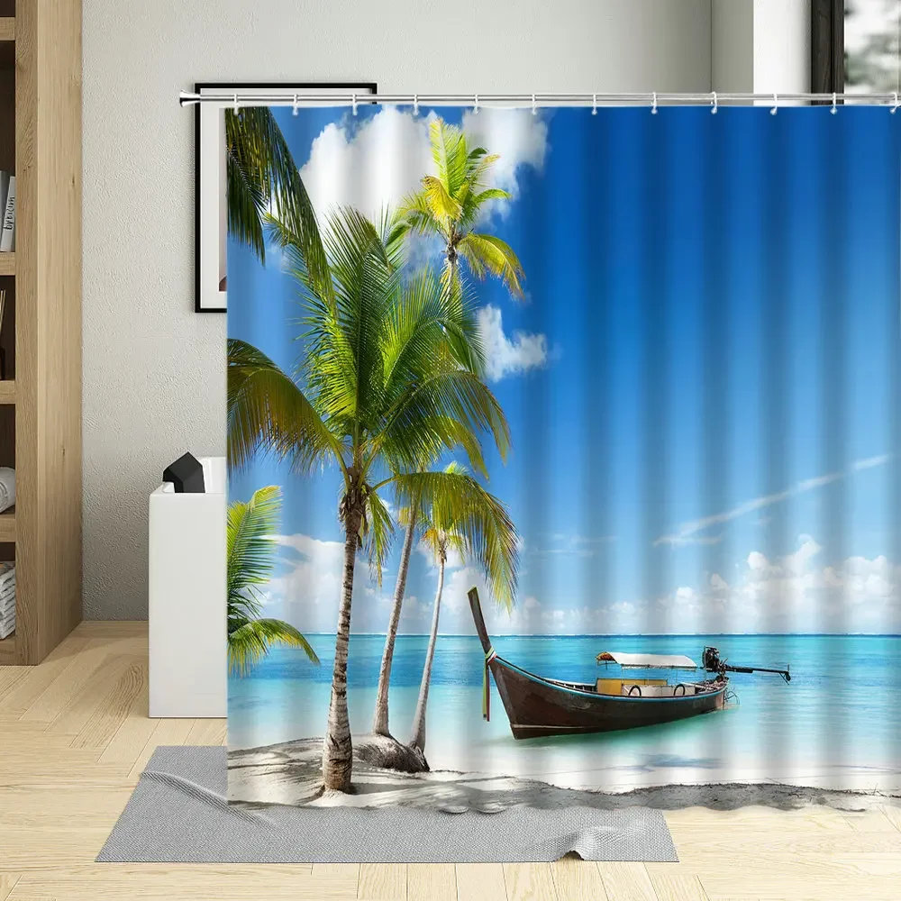 Blue Sky Seaside Beach Wooden Boat Landscape Bathroom Decor Dusk Ship Shower Curtain Polyester Fabric Curtains With 12 Hooks