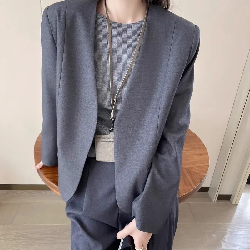 

Simple Gray Women's Basic V-neck Long Sleeve Blazer Spring 2025 Casual Commute Neat Petite Elegant Suit Jacket Harajuku Fashion