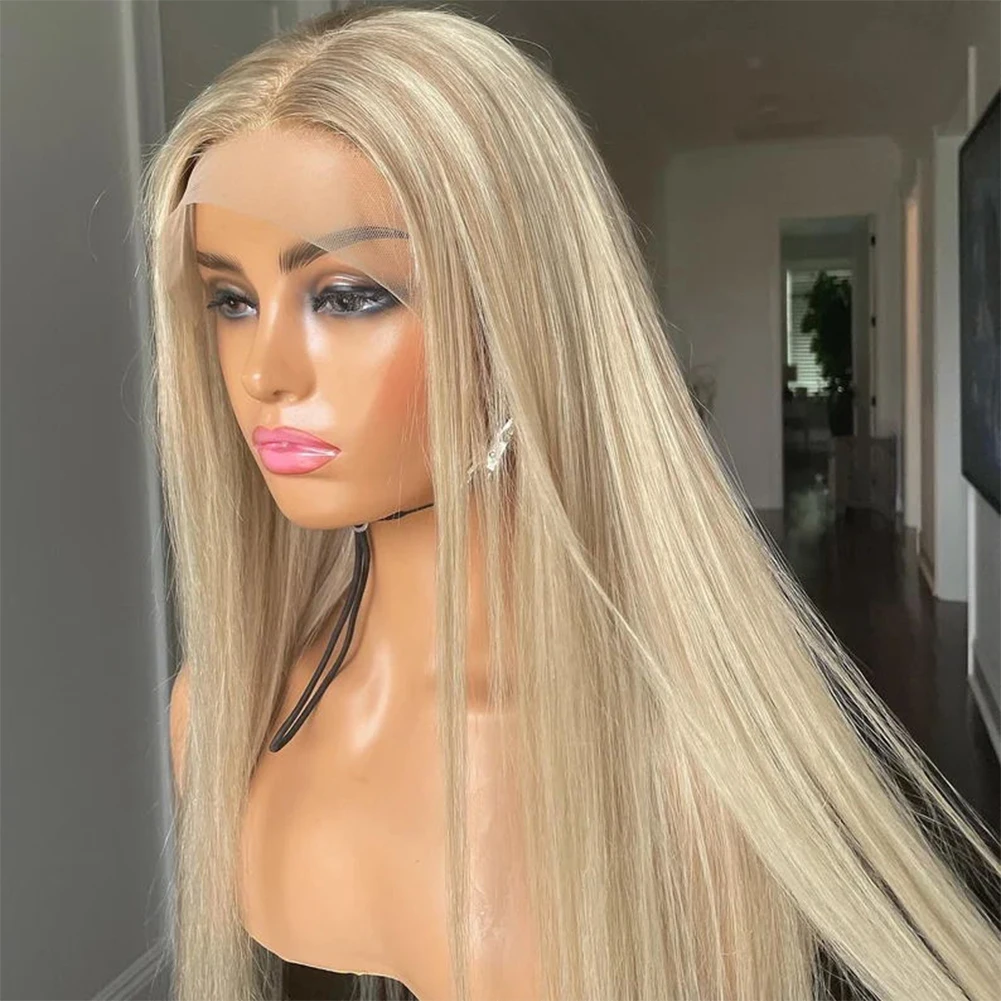 Platinum with Brown Highlights Full Lace Human Hair Wigs #60 Straight Lace Front Wig 13x6 HD Swiss Lace Frontal Wig for Women