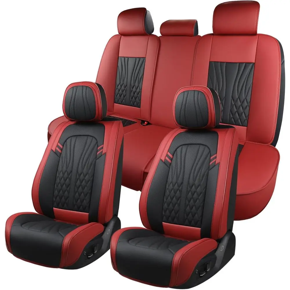 Universal Waterproof Leather Seat Covers Set for 5 Seats, Wine Red