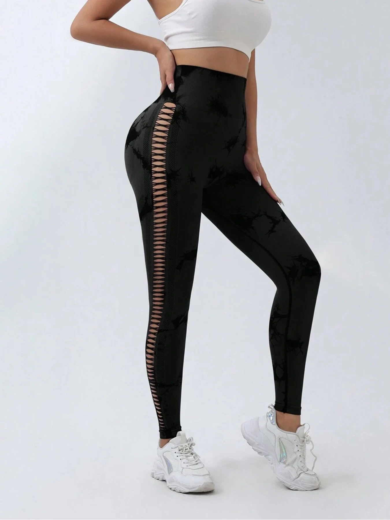 Black Tie-Dye Cutout High-Waist Yoga Pants Butt-Lifting Stretch Fitness Leggings Sports Slim-Fit Base Layer Leggings