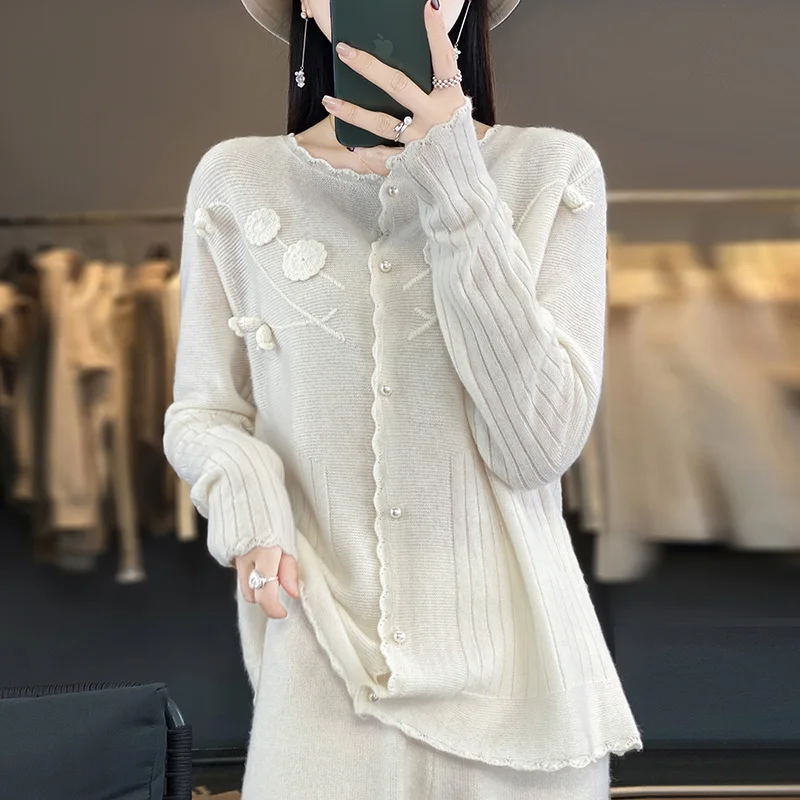 Cashmere Coat Women's Clothing O-Neck Cardigan Fashion Knitted Embroidery Top Autumn Winter Popular 100% Merino Wool Shirt Jacke