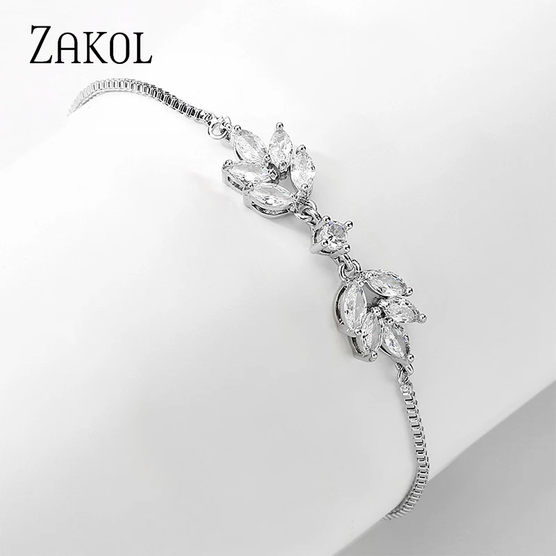 ZAKOL Simple Leaf Cubic Zirconia Adjustable Bracelets for Women Fashion Party Jewelry