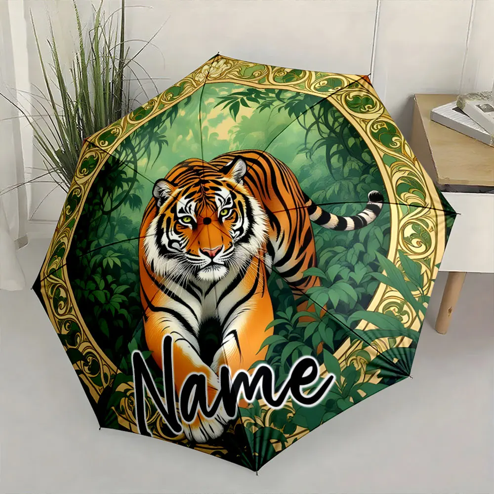 Custom Name Tiger in Forest Design Umbrella 8 Iron Ribs Folding Umbrella Auto-Open Fashionable Sunshade Deluxe Gift
