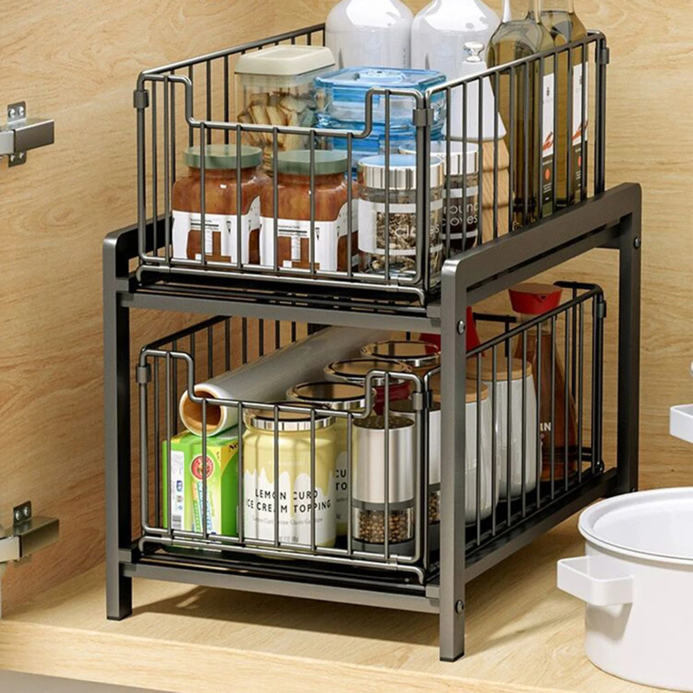 Pull-Out Sliding Drawer Cabinet Organizer 2-Tier Stackable Under Sink Cabinet Organizer Storage Shelf For Kitchen Bathroom