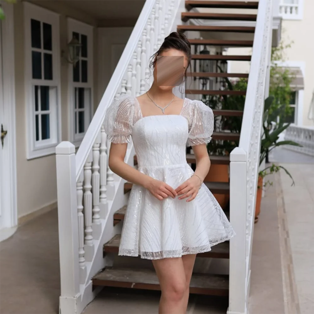 

Customized square collar Mini Prom Gown White A-Line Sequined Lace Short Sleeve Backless Party Dress Simple Summer cocktail dres