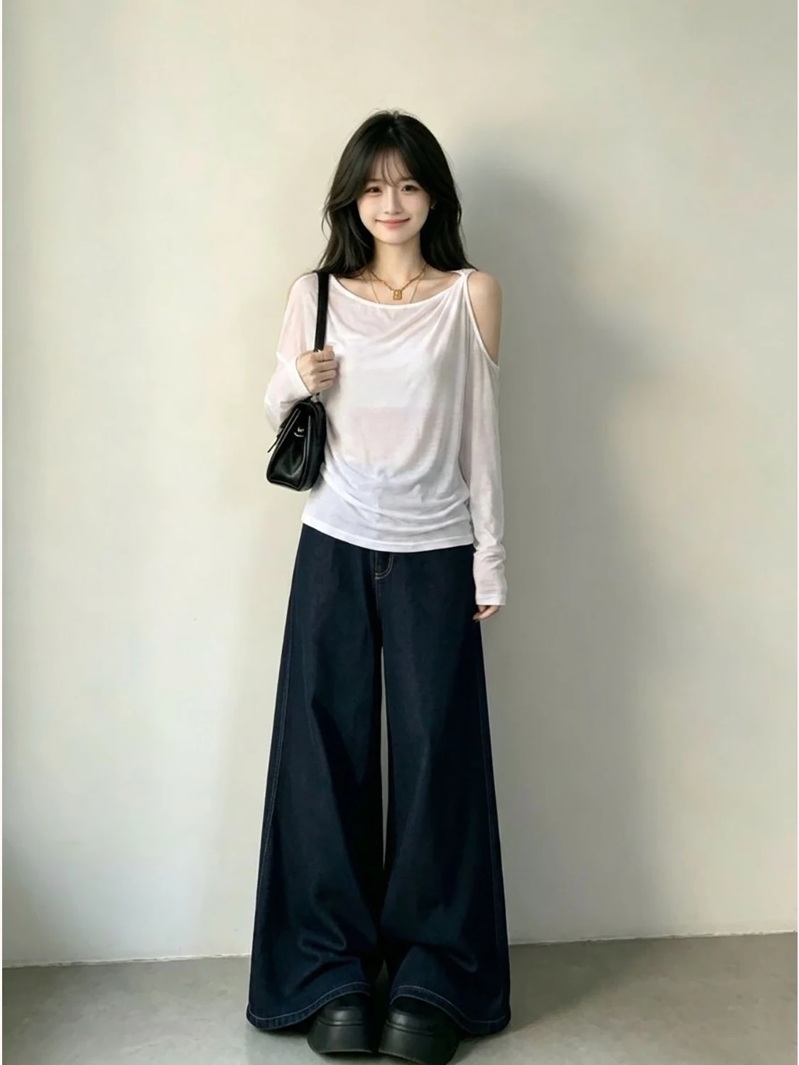 Asymmetric Shoulder Bared Long Sleeve T Shirt Women's Loose Fit Semi Transparent Casual Top Korean Style Autumn Commute Wind