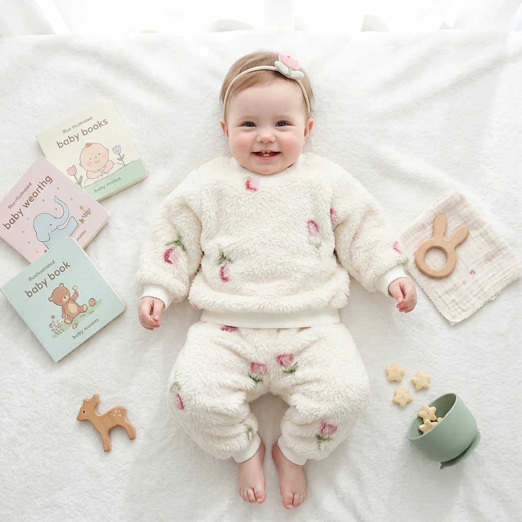 Baby Outfits Sets Clothing Flower Little Kids Long Sleeve Tops + Pants Cute Winter Fleece Thickened
