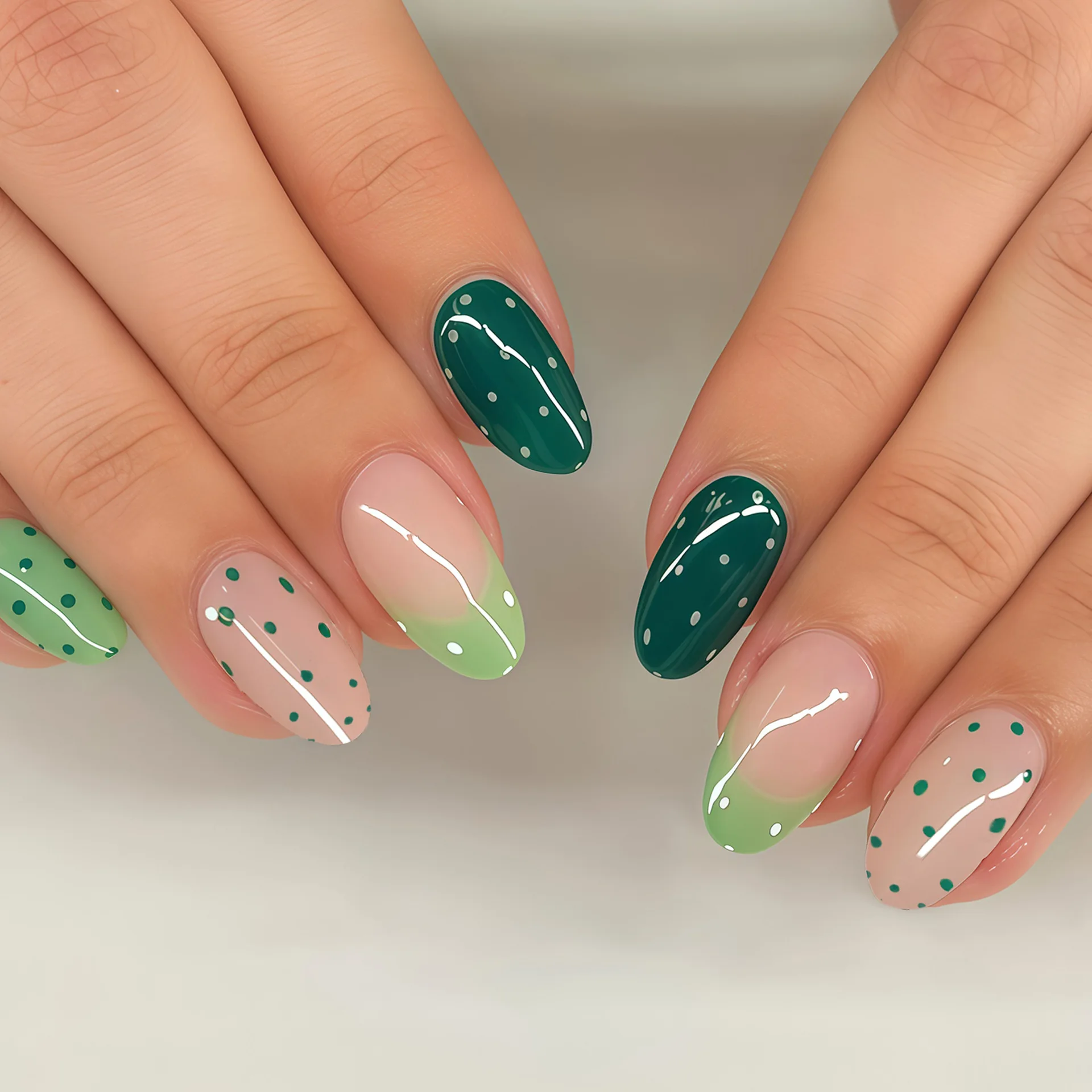 

24Pc Green French Press on Nails Simple Polka Dots Sweet Green Almond False Nails for Girls Women Acrylic Wearable Nail Manicure