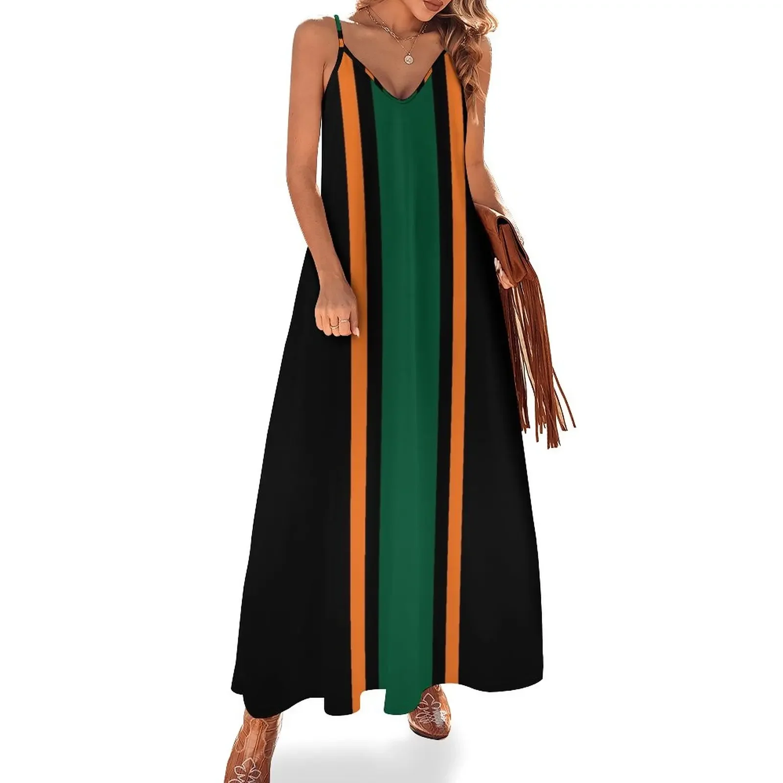 

Black, Orange, & Green Vertical Power Stripe Sleeveless Dress Women's summer suit beach dress Dress