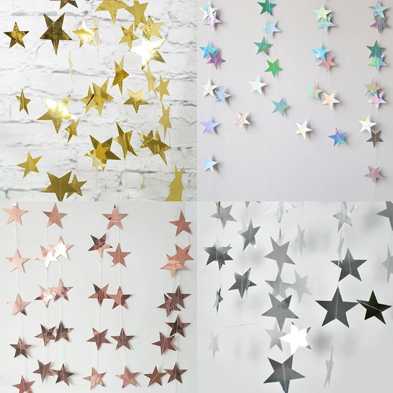 4M Bright Gold Silver Paper Garland Star String Banners Wedding Banner for Party Home Wall Hanging Decoration Baby Shower Favors