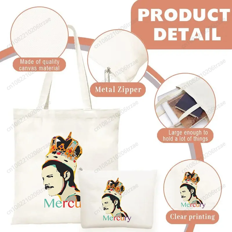 مجموعة حقائب اليد المطبوعة من فريدي ميركوري ذا كوين باند جرافيك روك، حقيبة مكياج من القماش، حقائب تسوق قابلة لإعادة الاستخدام، صديقة للبيئة وقابلة للطي