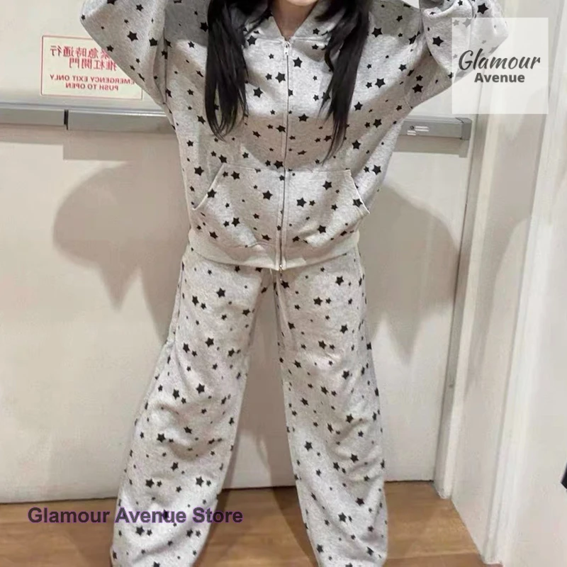 

American stars full of printed rabbit ears hooded sweater women's autumn and winter new lazy wind loose casual two-piece suit